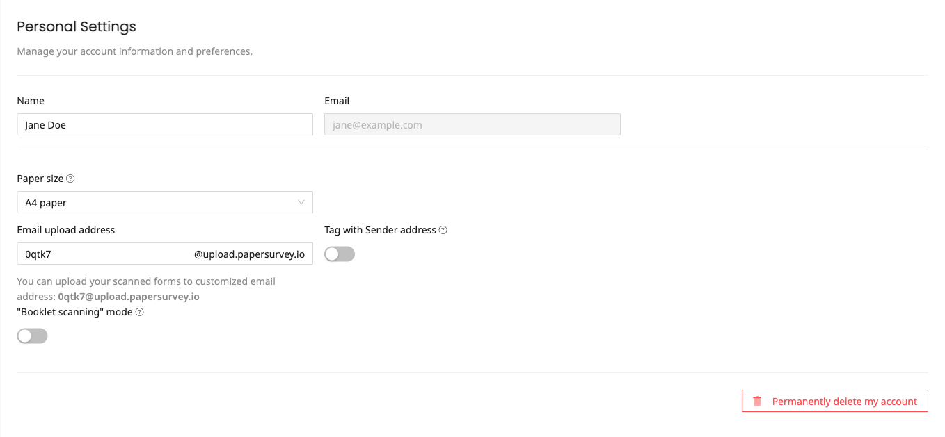 Personal settings with delete account button