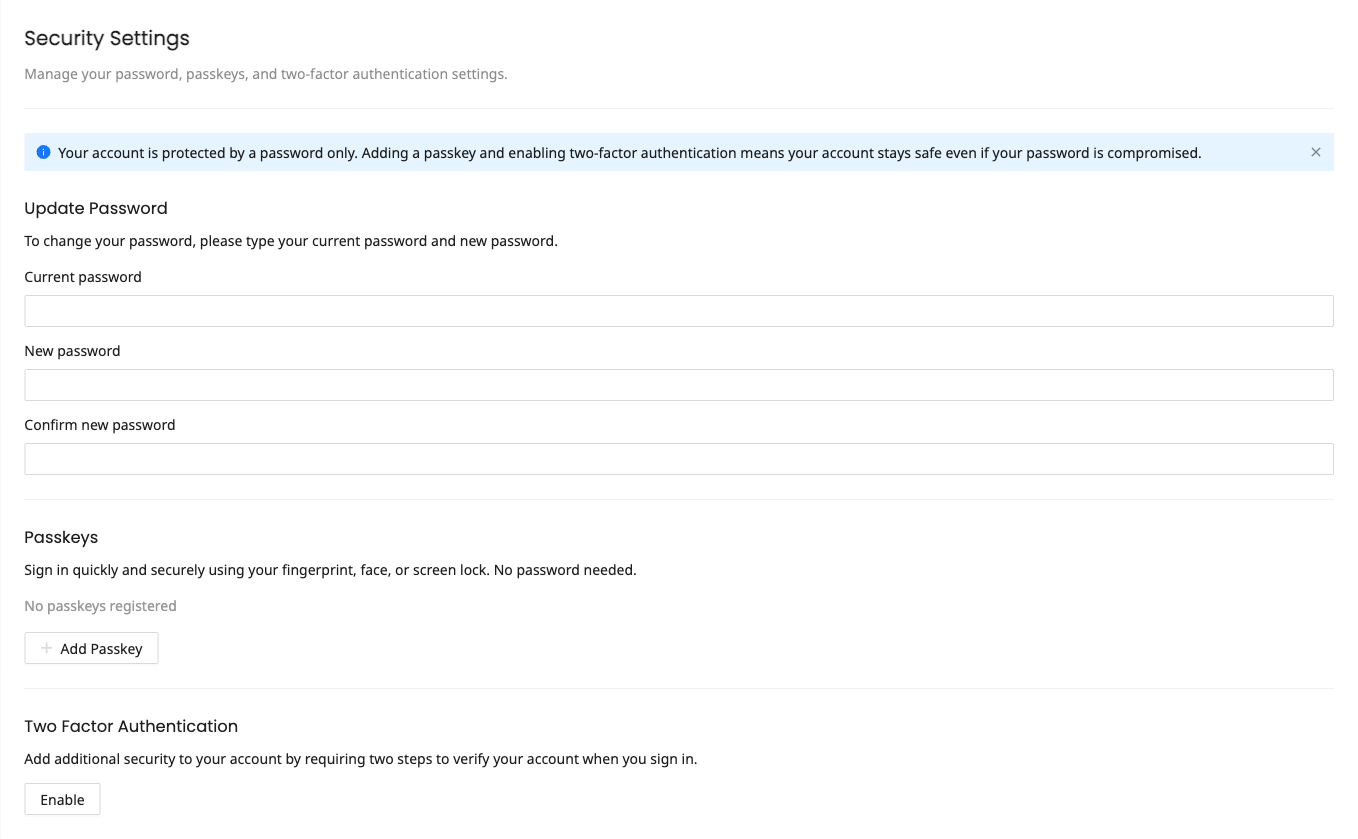 Passkeys section in security settings