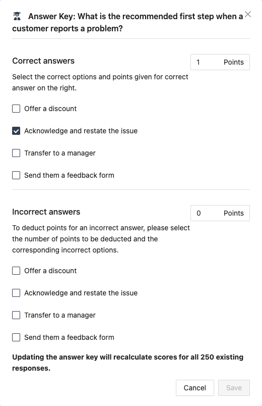 Answer Key modal with correct answers ticked and the Points field