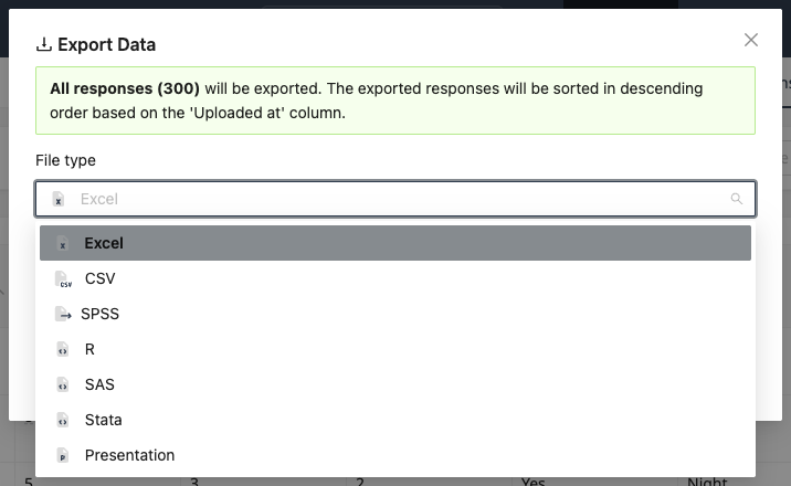 Export Data modal with the file type dropdown showing Excel, CSV, SPSS, R and more