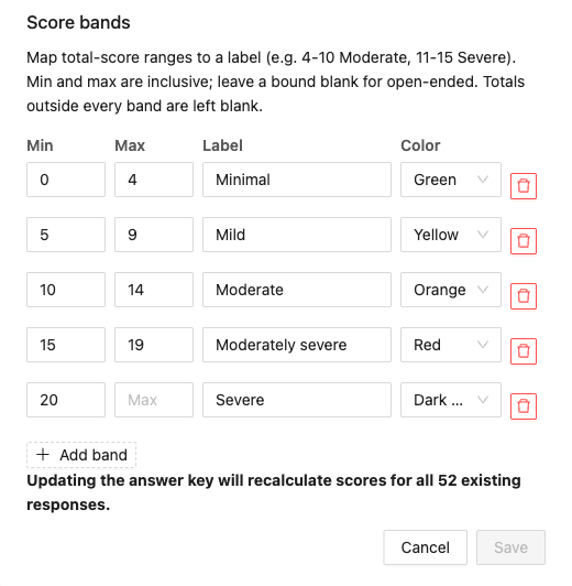 Score bands section with min, max, label and color rows for the PHQ-9 severity levels
