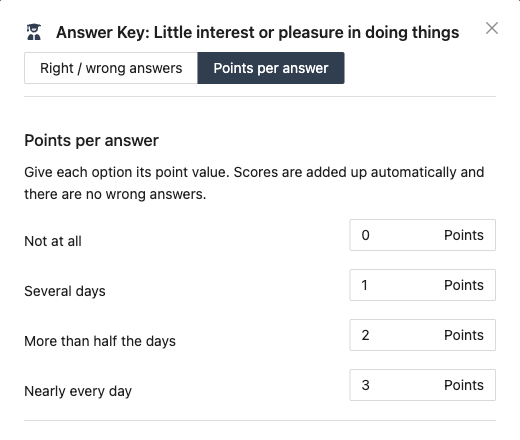Answer Key modal in Points per answer mode with a point value beside each column