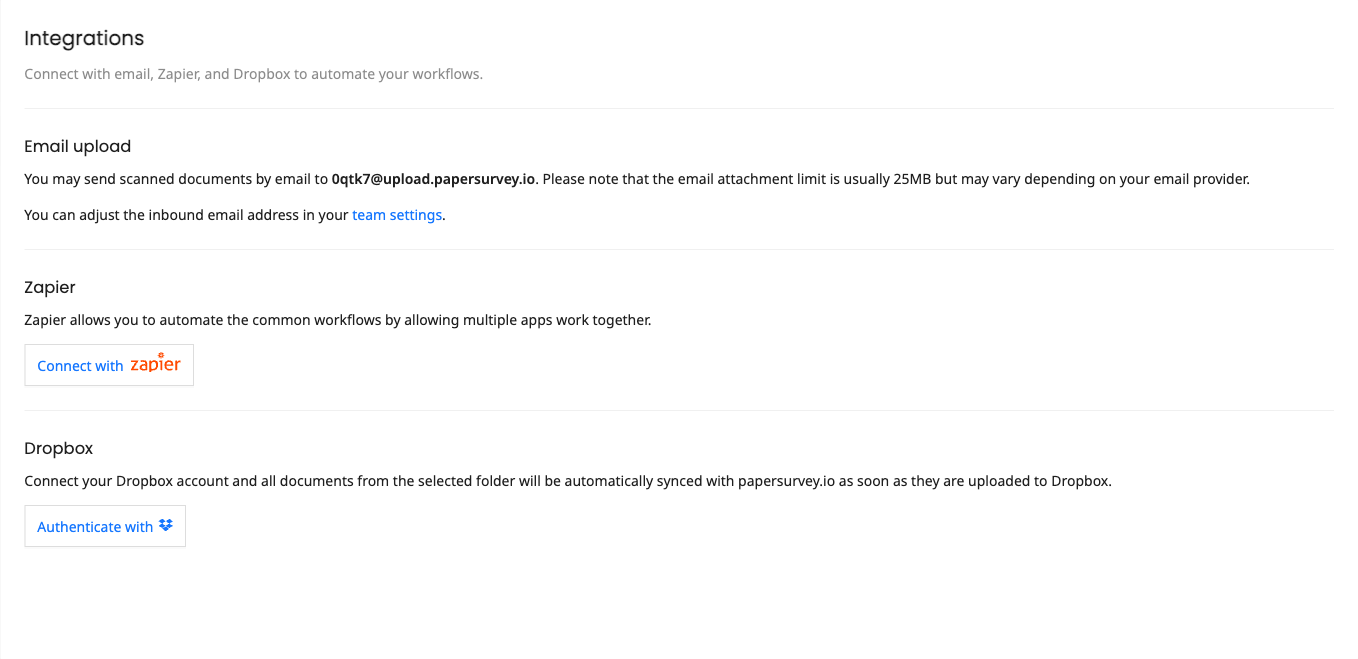 Integrations page with Dropbox connection
