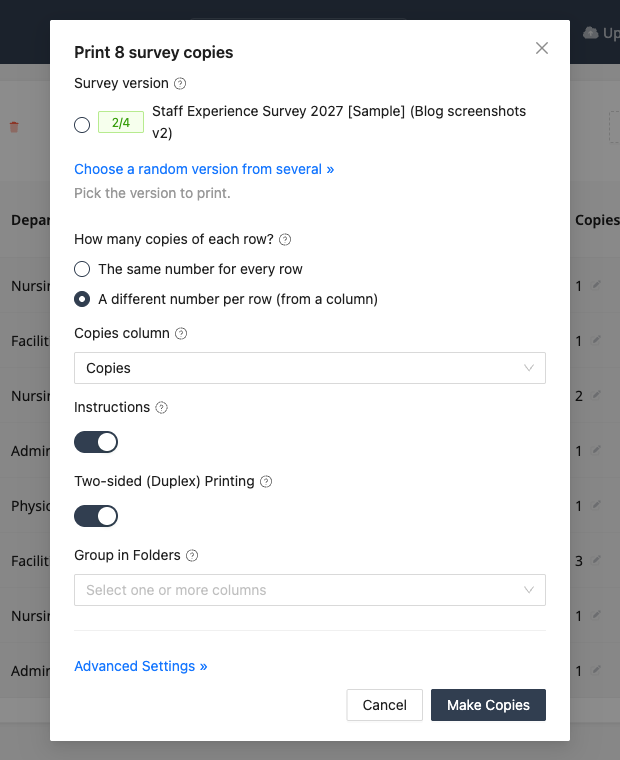 The print dialog with per-row copies from a column