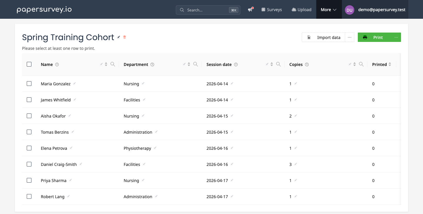 The prefill list table with imported rows