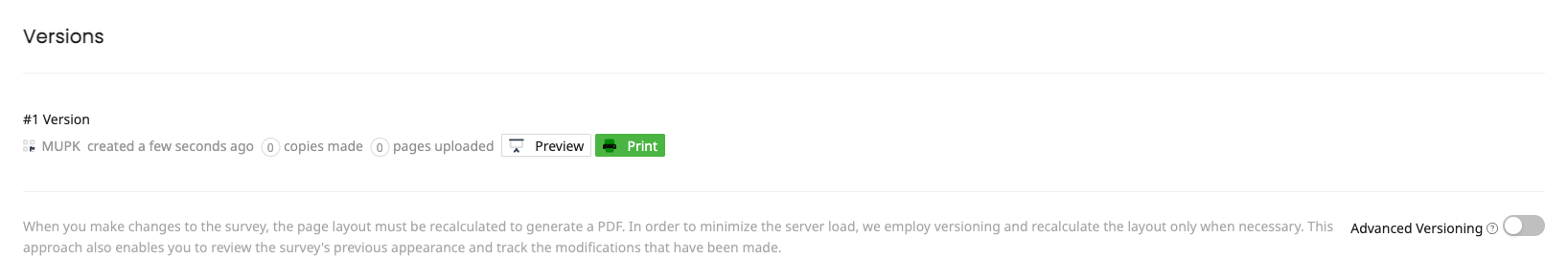 Print tab with version and download