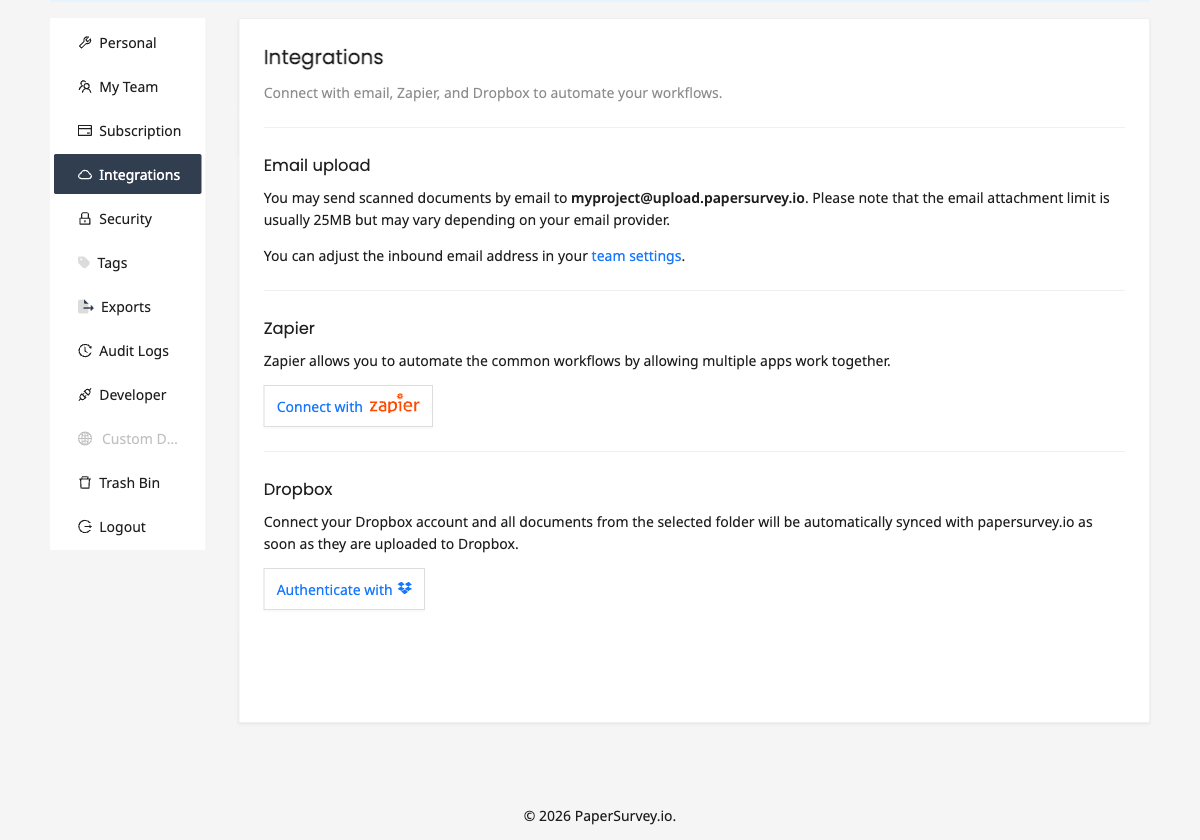 Connect with Zapier, email upload, and Dropbox