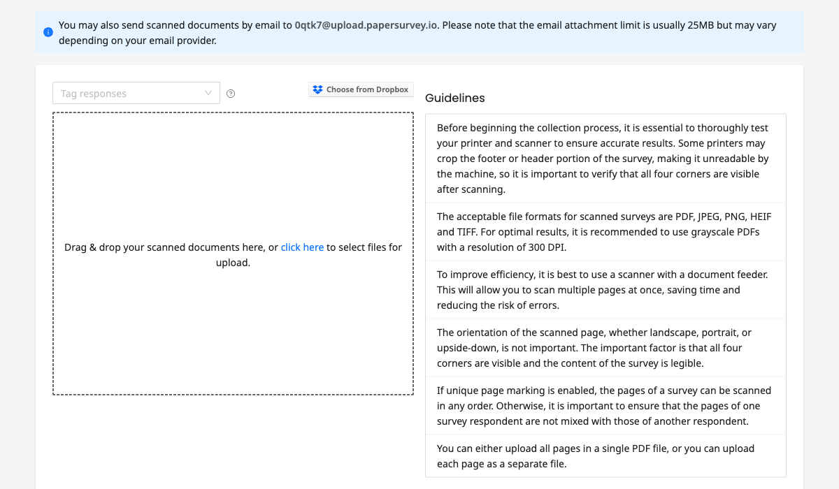 Upload scanned forms via drag-and-drop, email, or Dropbox