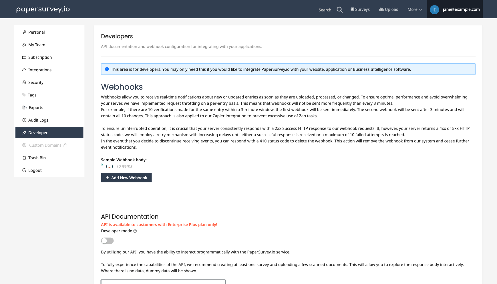 Developer settings page