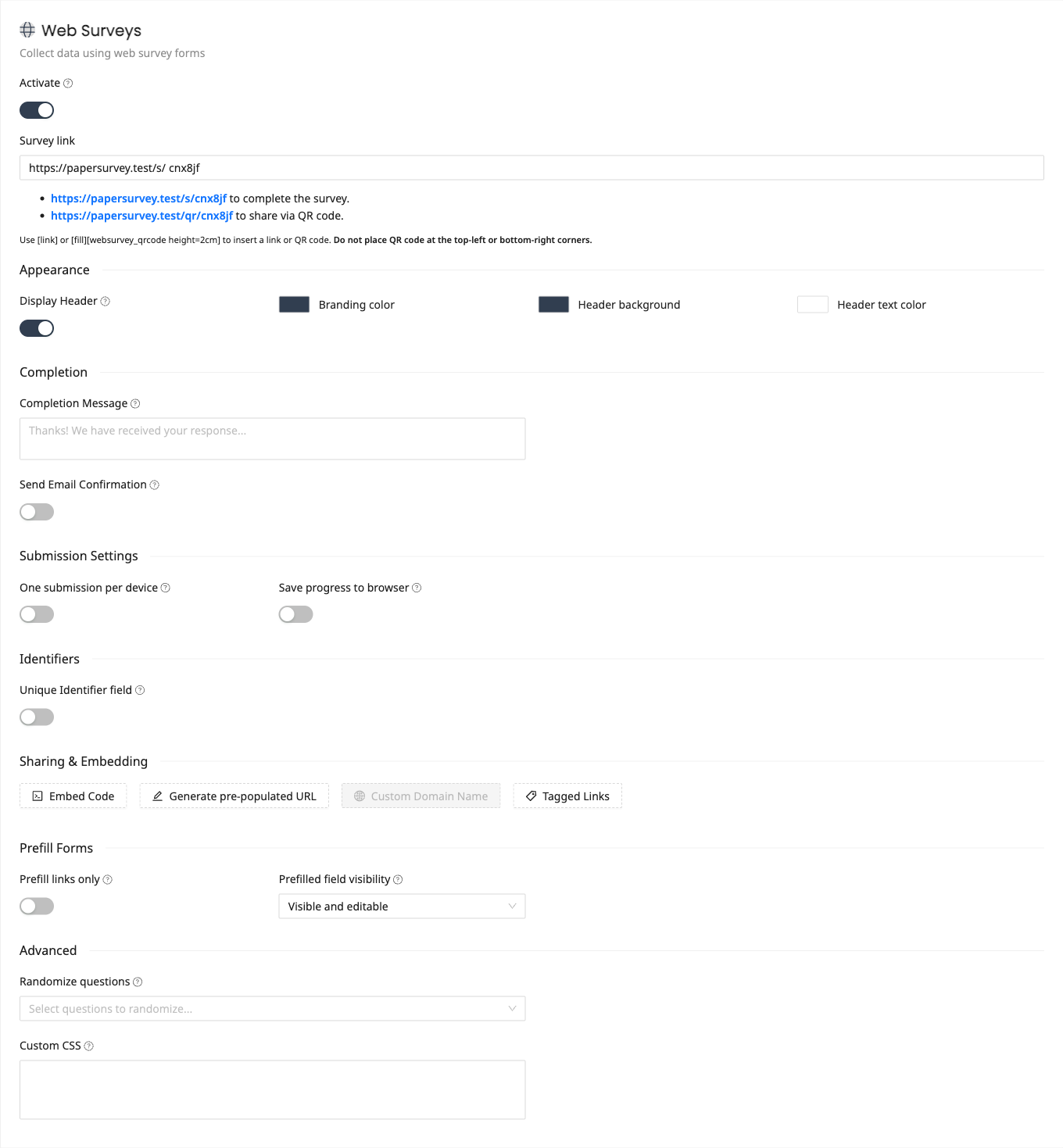 Web Surveys settings