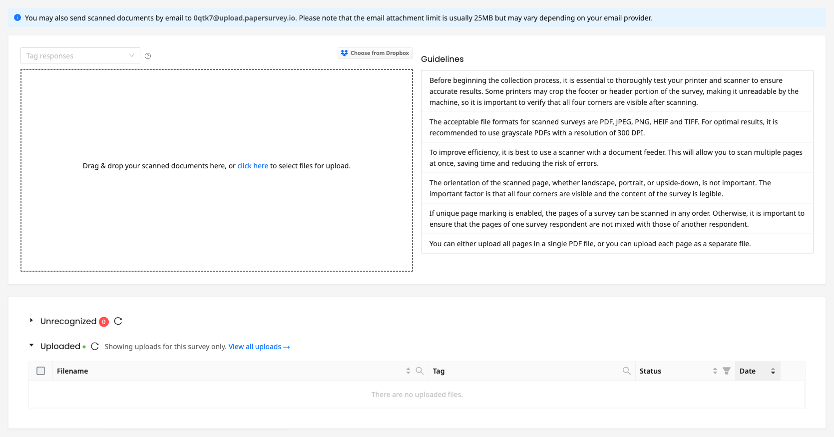 Upload tab with drag and drop area