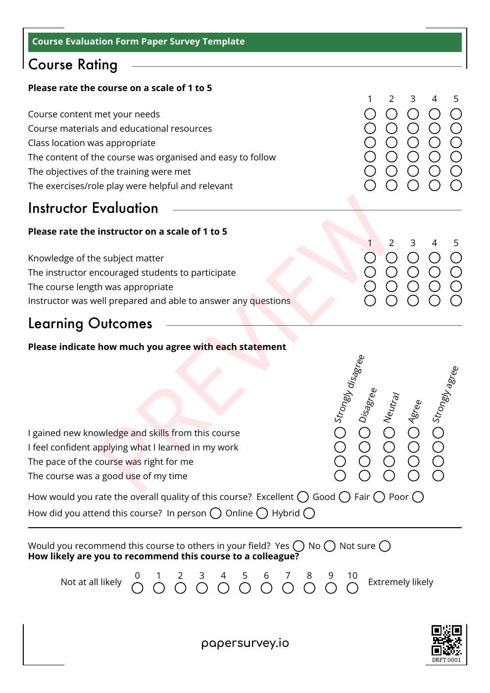 First page of the printable Course Feedback Form, with rating bubbles for course and instructor feedback