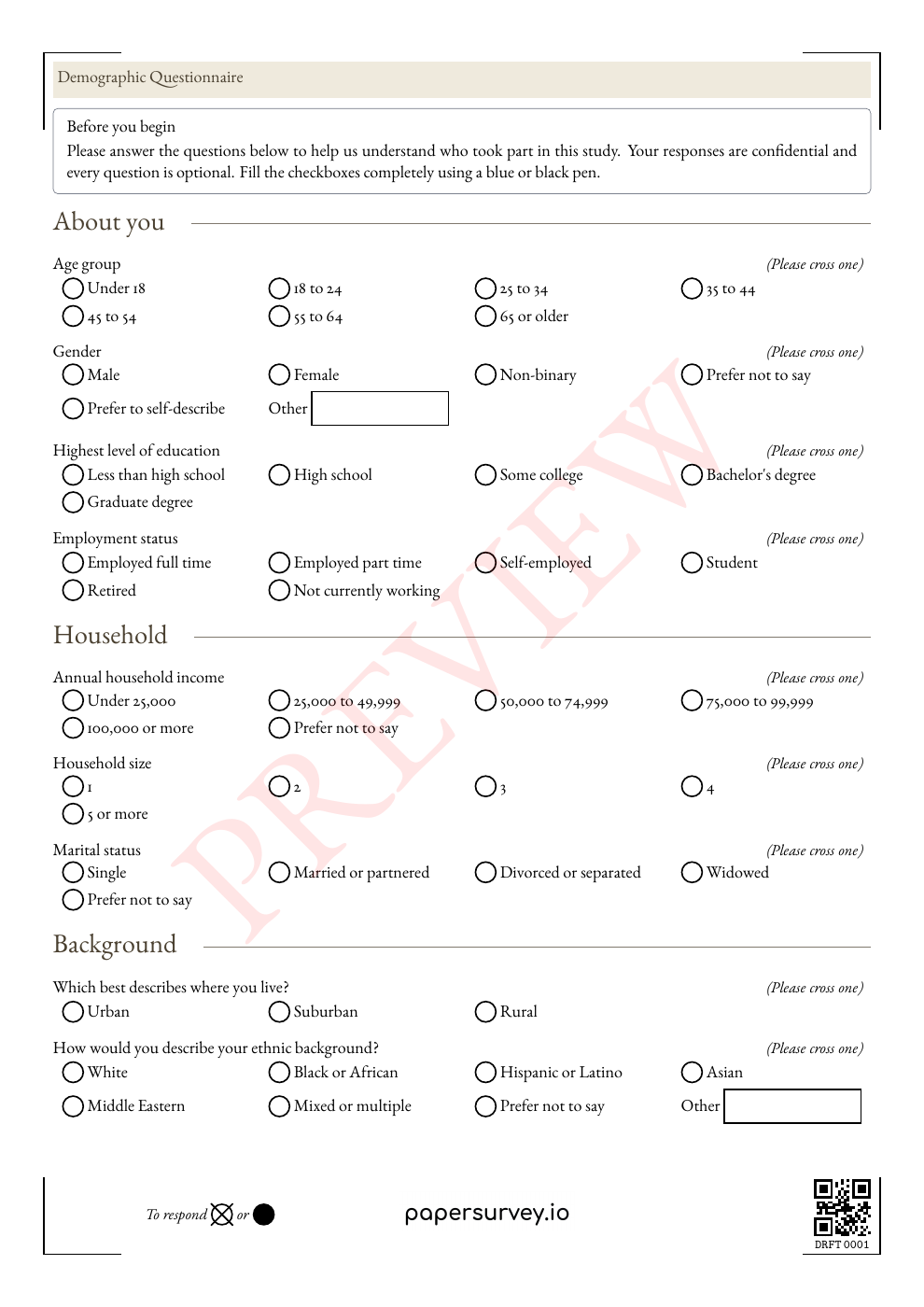 First page of the printable Demographic Questionnaire, with answer bubbles and spaces to complete by hand
