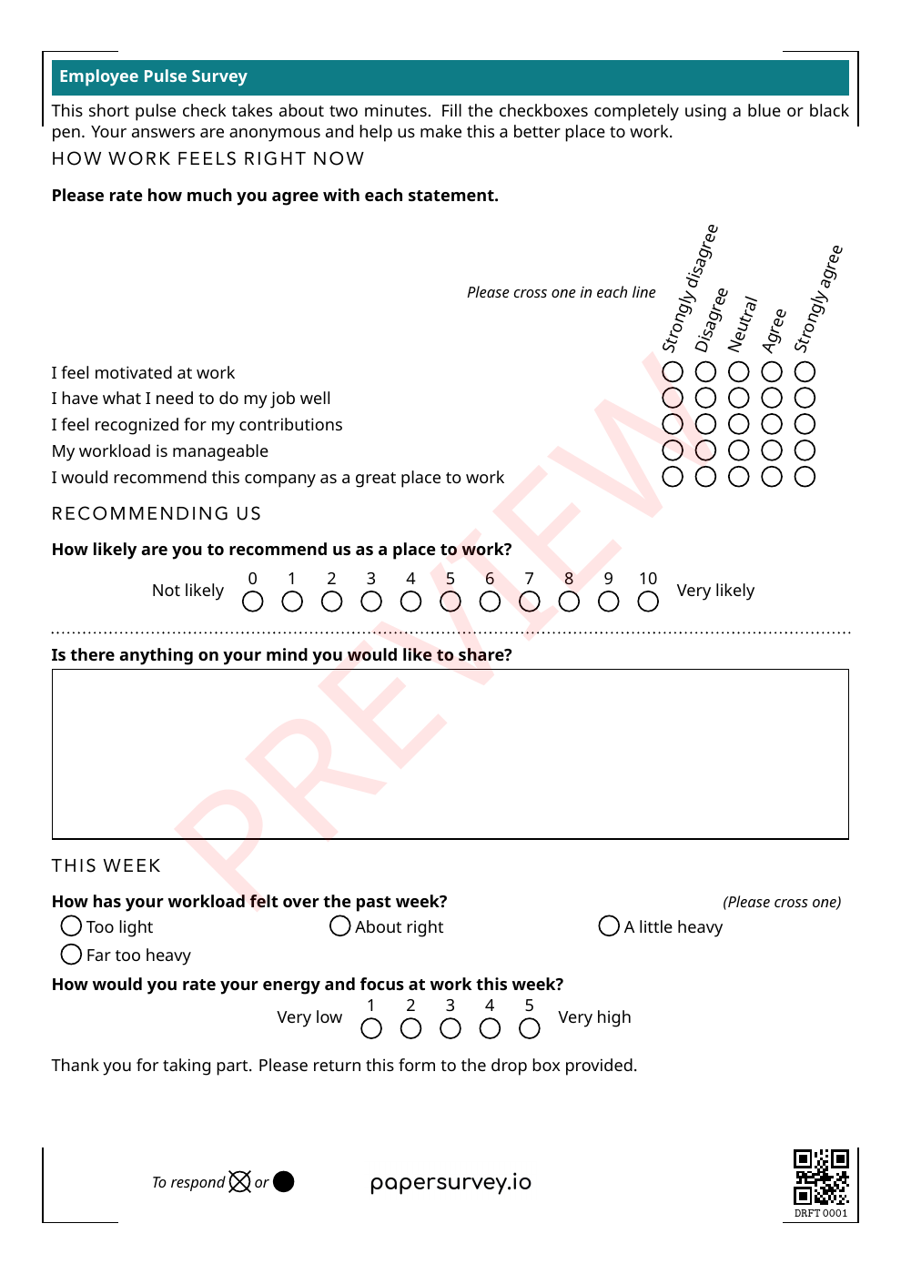 First page of the printable Employee Pulse Survey, with workplace rating bubbles and space for handwritten feedback