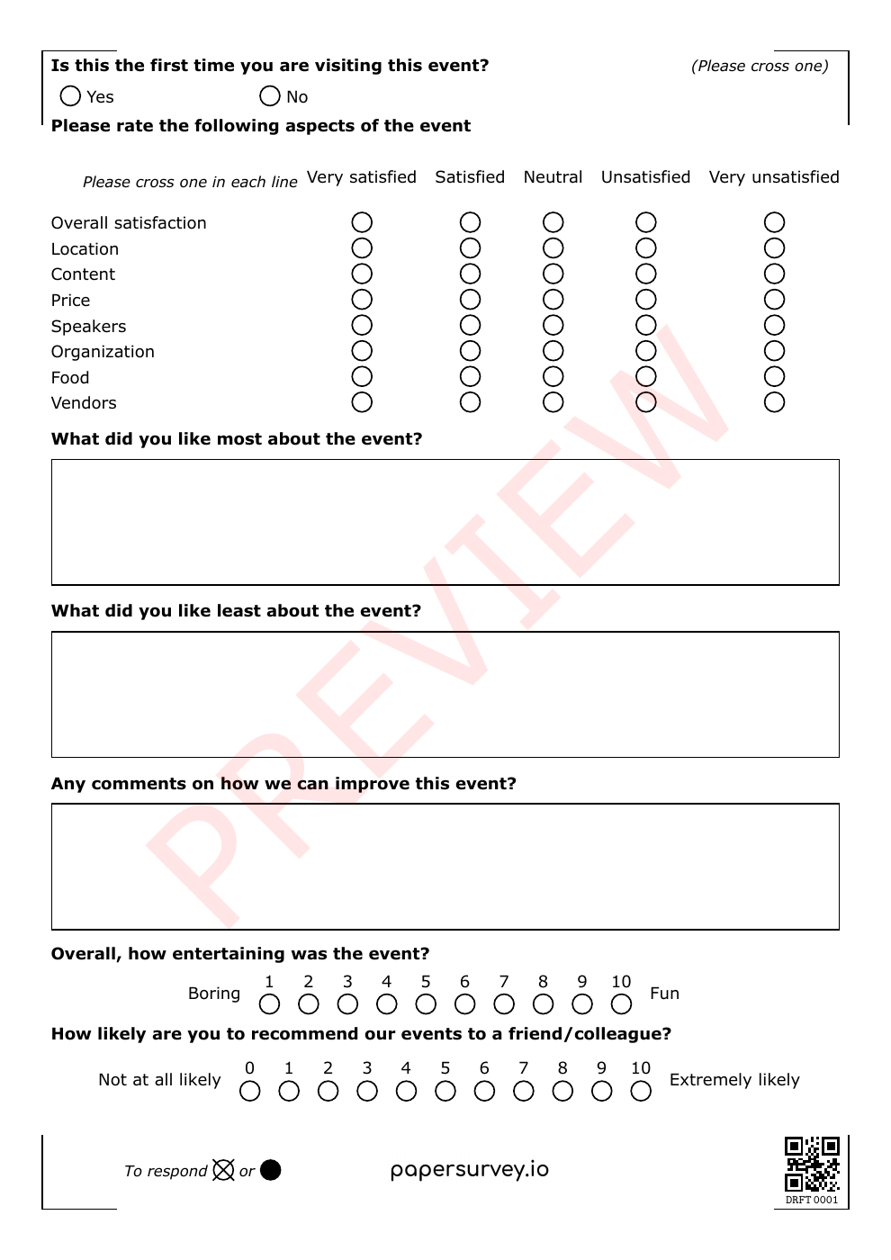 First page of the printable Event Satisfaction Survey, with event ratings and spaces for written feedback