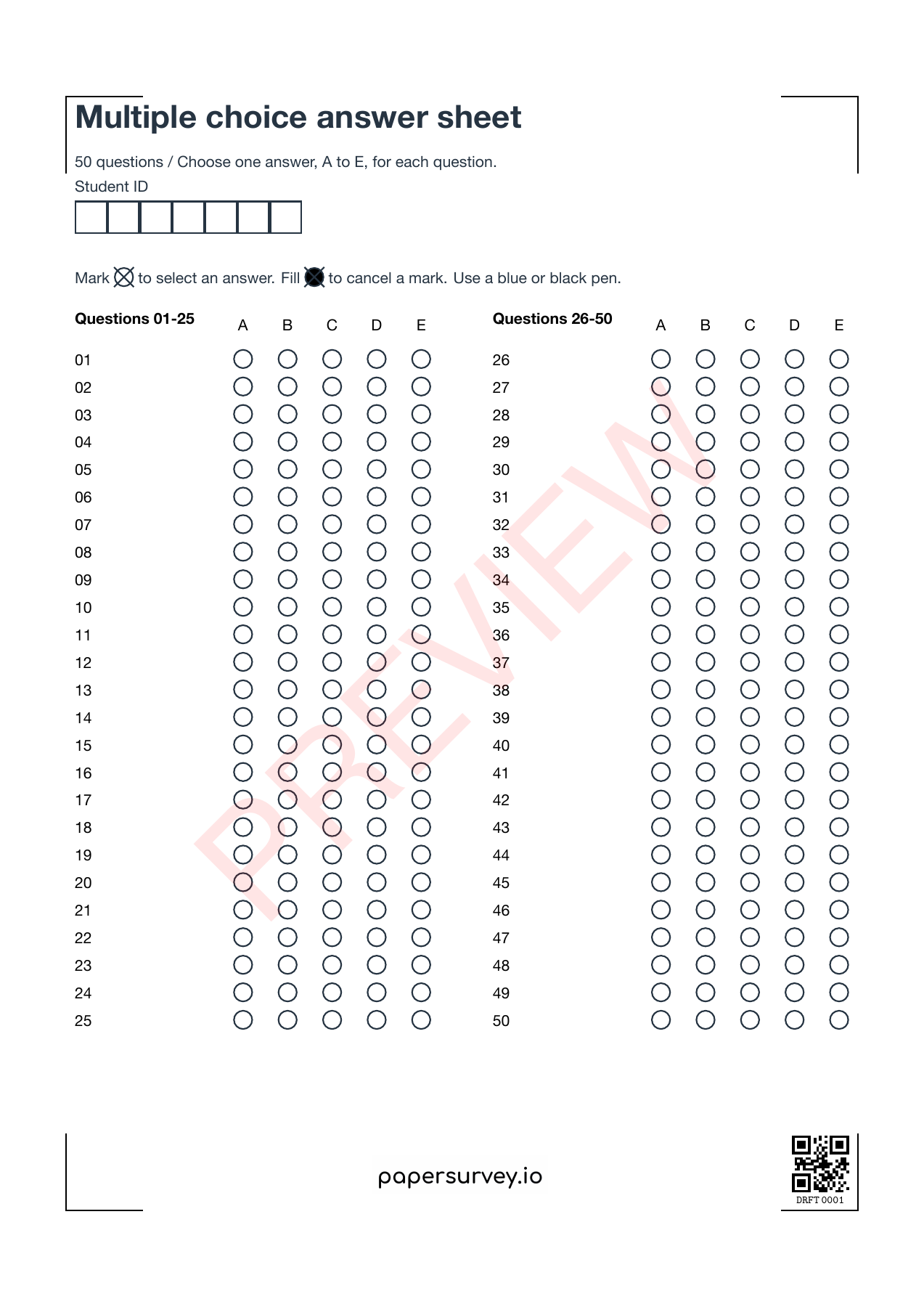 Printable OMR Answer Sheet (50 Questions), with a student ID field and 50 rows of A–E answer options in two columns
