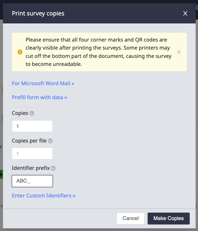 Prefix survey identifiers