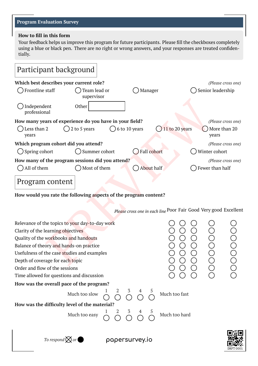 First page of the printable Program Evaluation Survey, with rating boxes and fields to complete by hand
